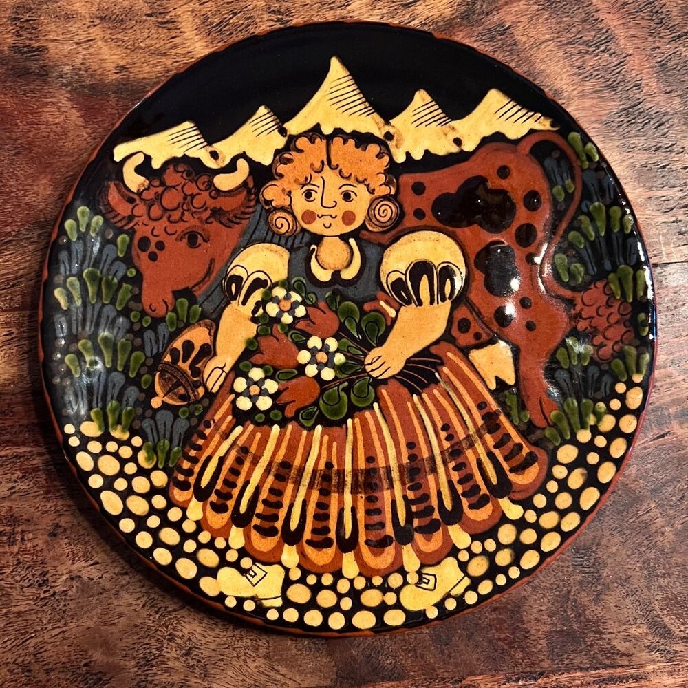 Hand-Painted Swiss Reber Pottery Wall Plate With Girl And Cow